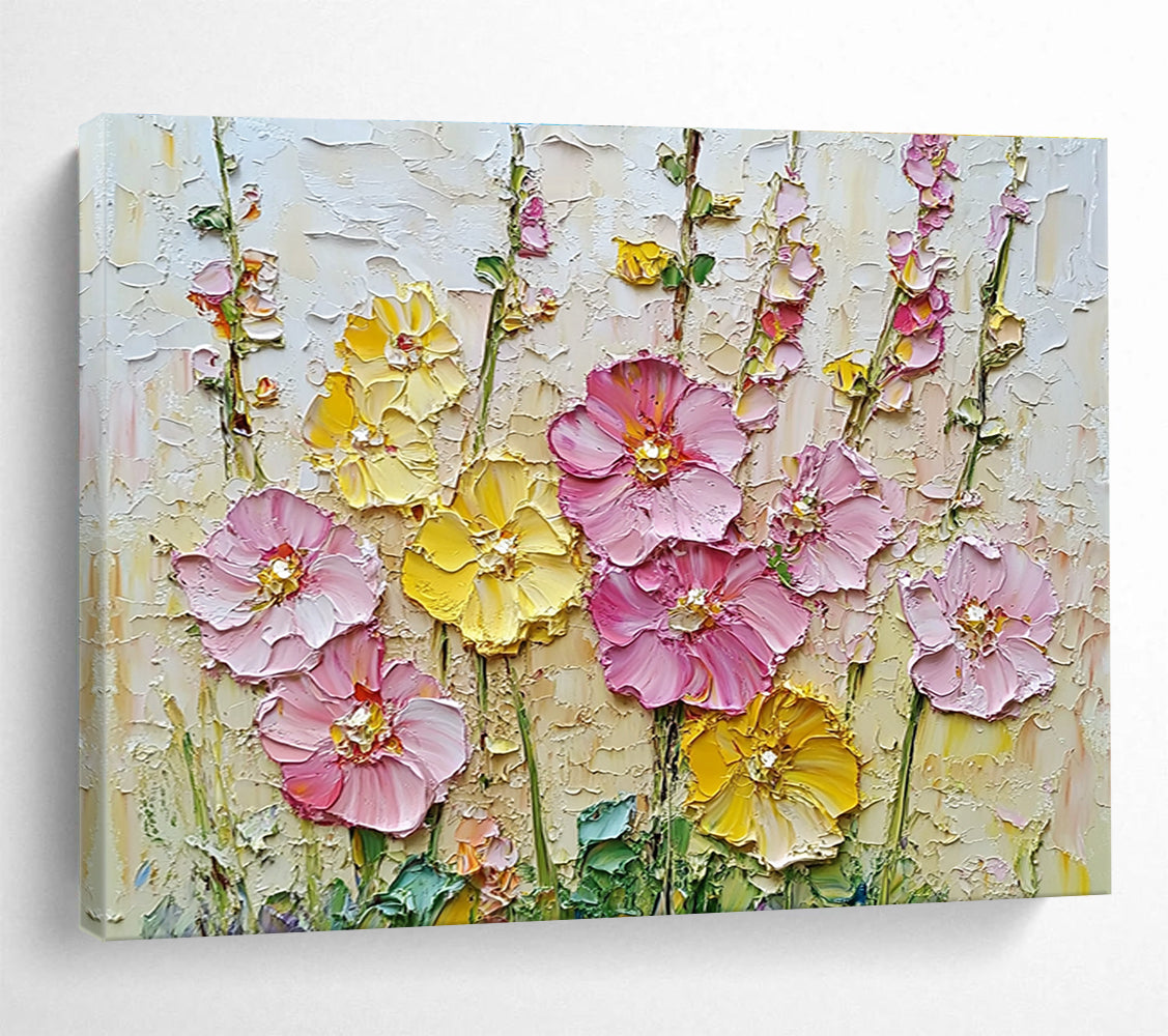 A large abstract painting featuring vibrant pink and yellow hollyhocks, detailed textures, and a rich background created with impasto technique using a palette knife.SC603