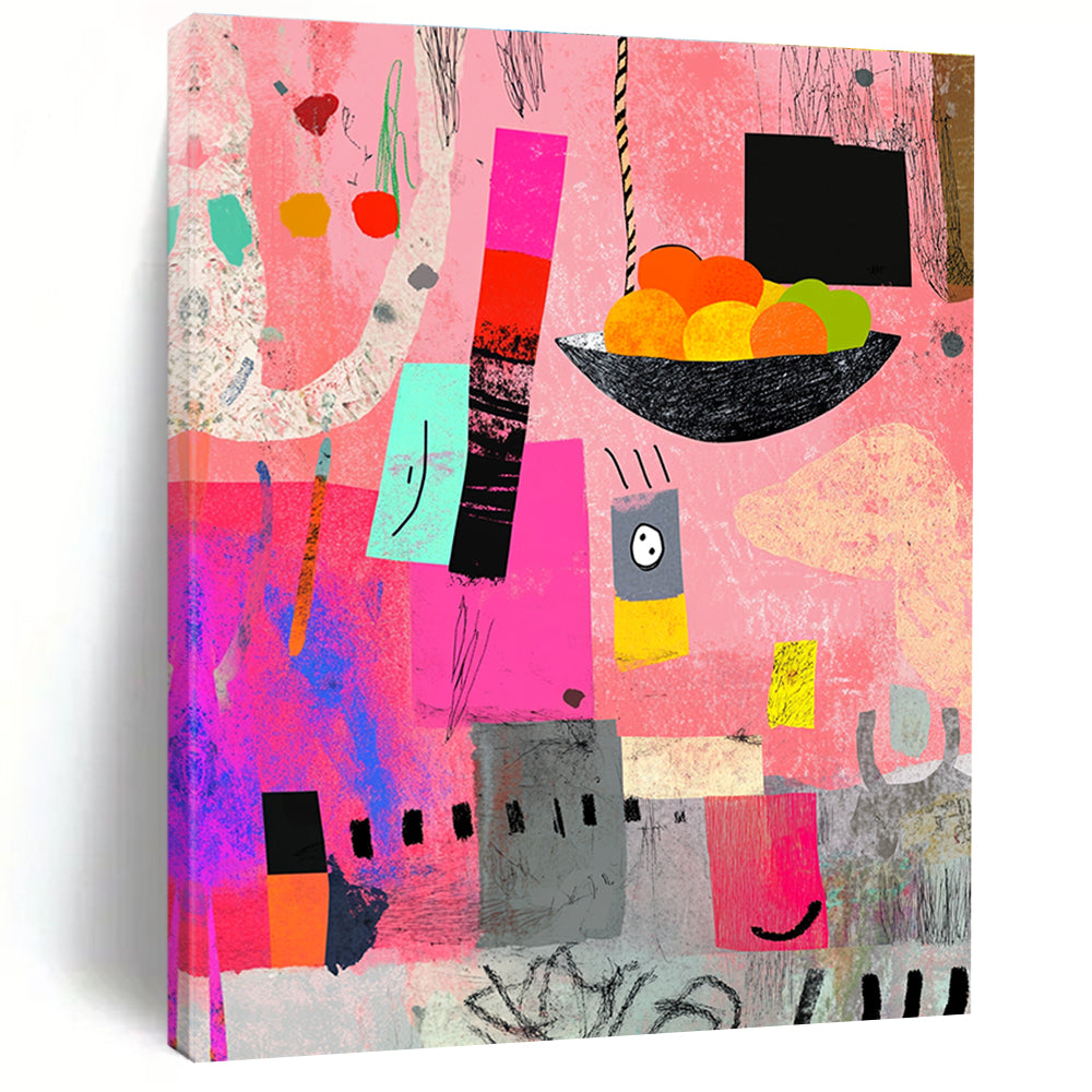 A large abstract painting featuring pink gray and black shapes with a bowl of fruits colorful scribbles and artistic texture elements.STSC969