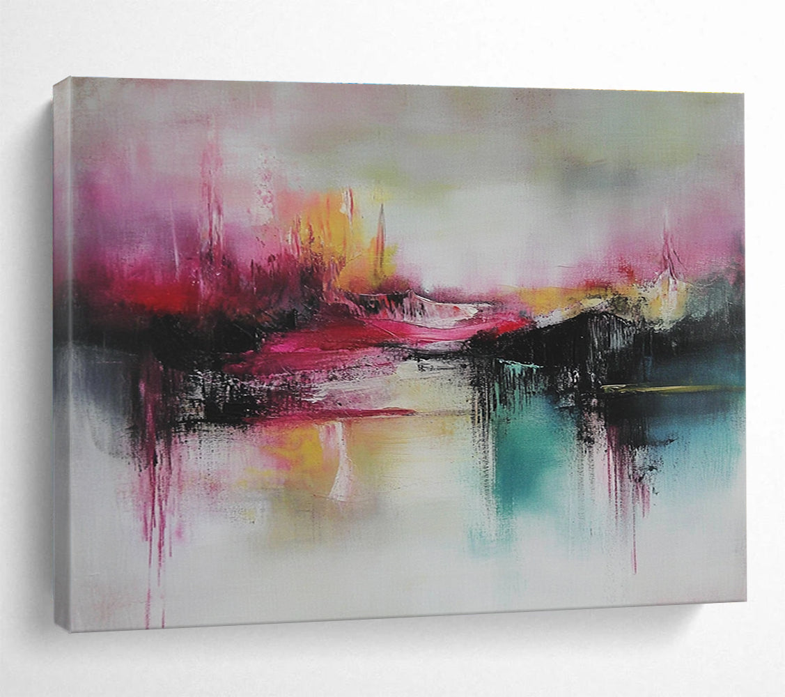 Large abstract painting featuring thick brush strokes in soft pink and teal with striking red accents for a captivating artistic touch.SC089