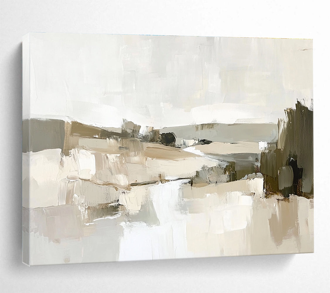Large abstract oil painting of the French countryside with thick brush strokes depicting a river and hills in muted earth tones.SC128
