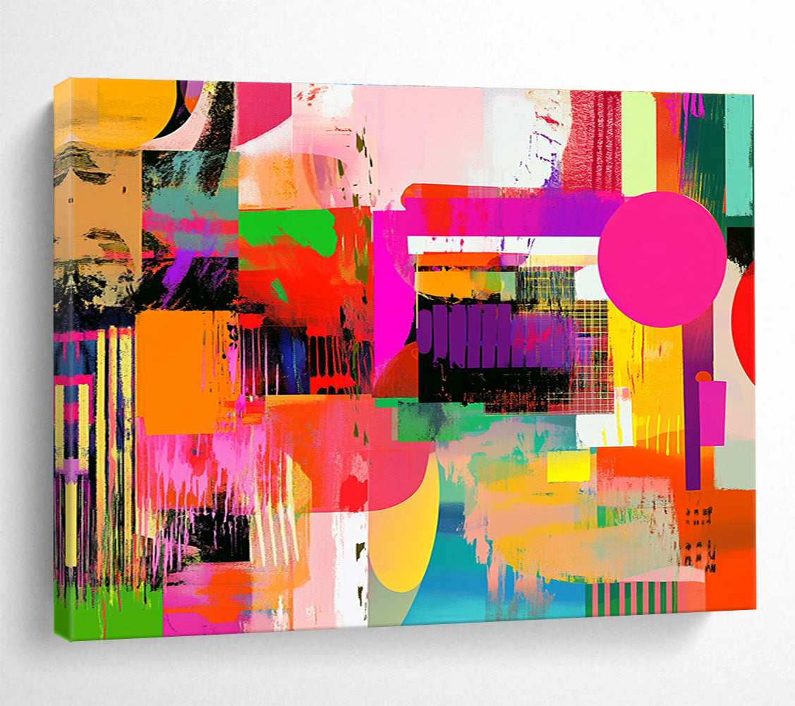 Large abstract artwork featuring vibrant colors and bold contrasts with dynamic shapes and patterns, reminiscent of pop art influences.SC461