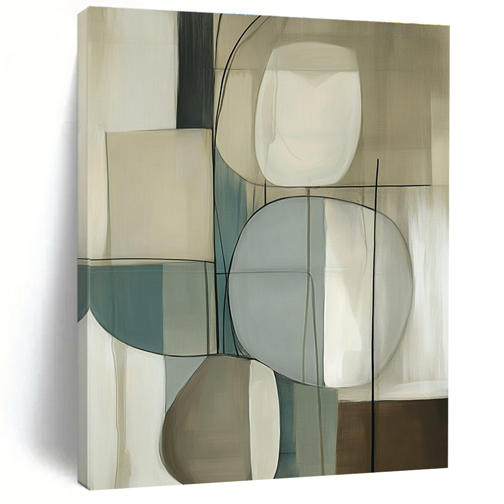 Large abstract painting with geometric forms in soft beige and cream shades featuring smooth textures and elegant negative space.STSC1321