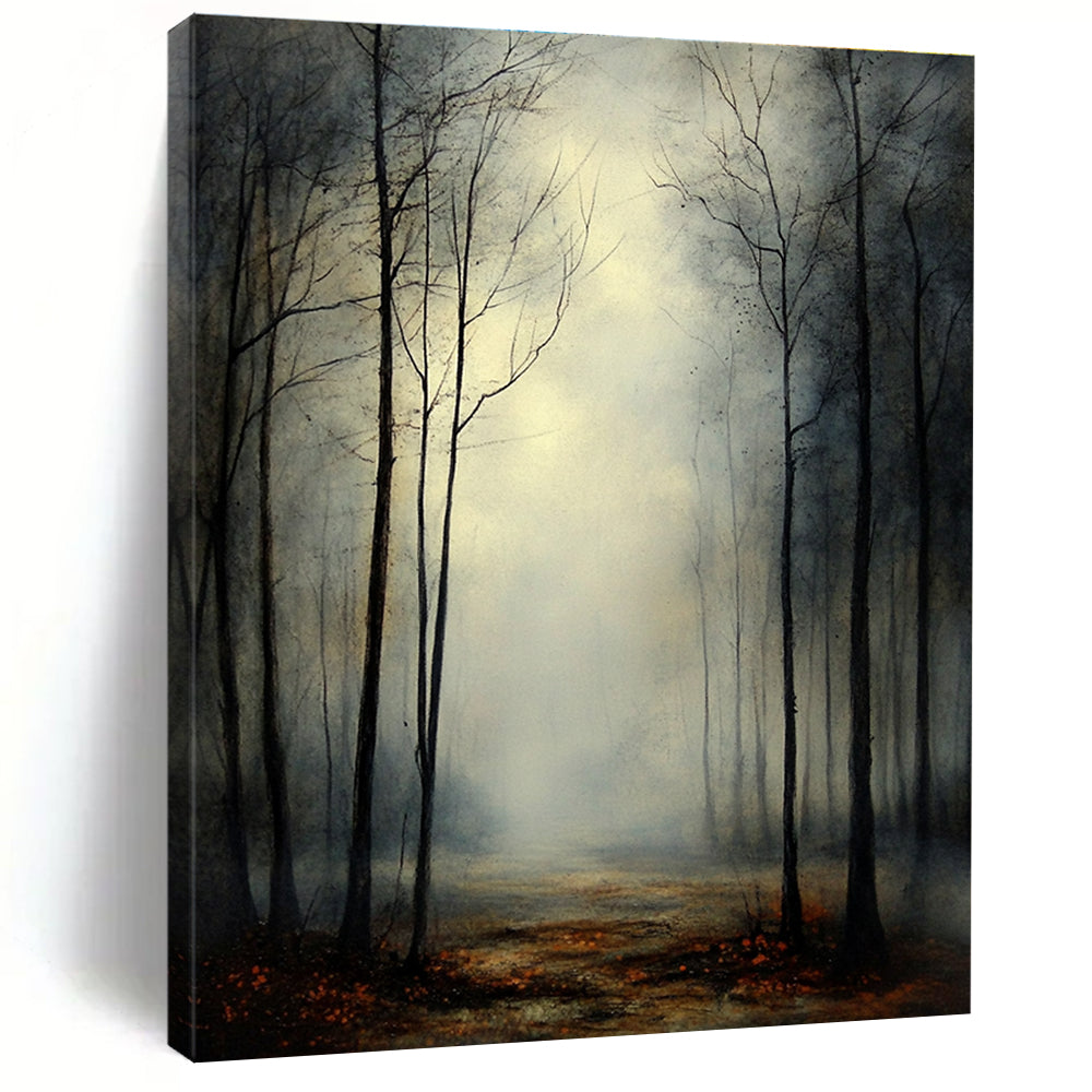 Abstract painting of a misty forest at twilight with eerie silhouettes of leafless trees under an overcast sky evoking dread and contemplation.STSC1099