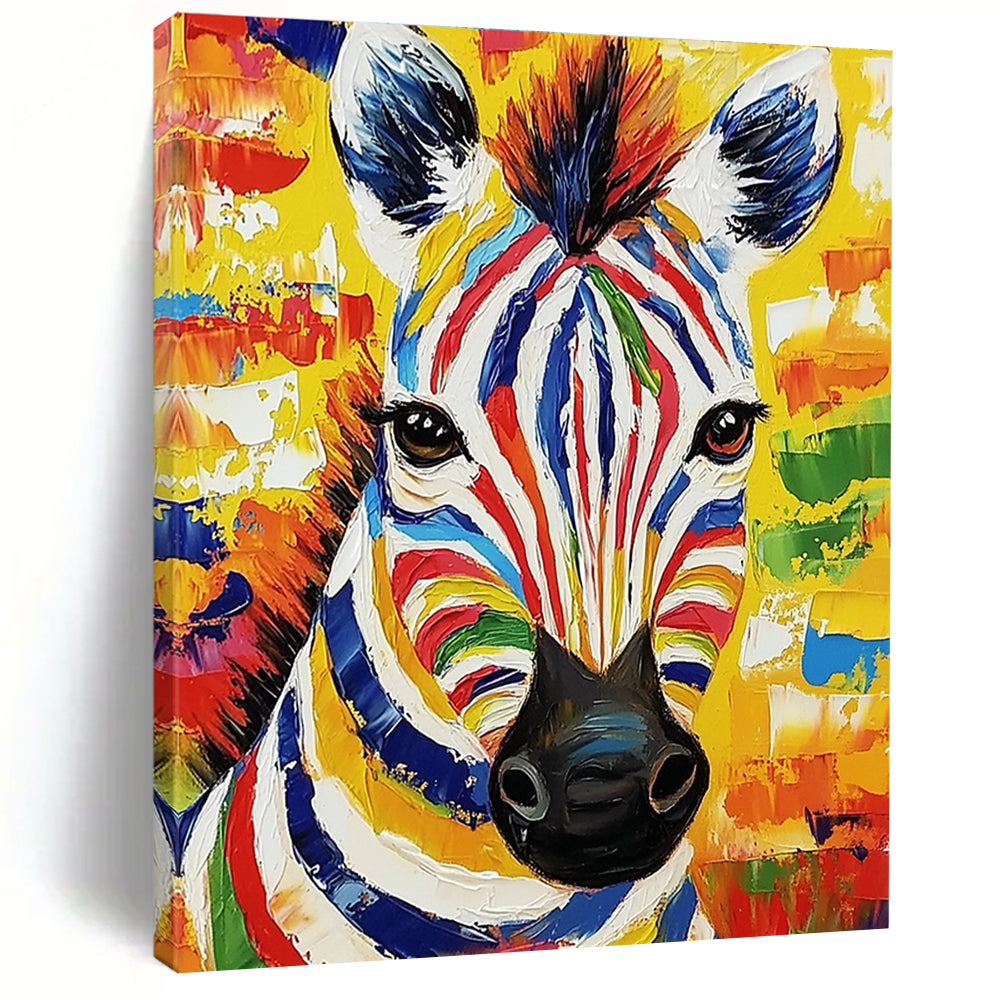 This large abstract painting features a vibrant zebra portrait in bold colors and thick brush strokes, radiating lively expression and natural light.STSC975