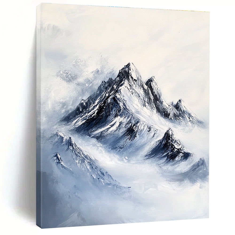A large abstract painting featuring a rugged mountain peak with intricate rocky textures and deep blue snow-covered peaks against a white background.STSC1168