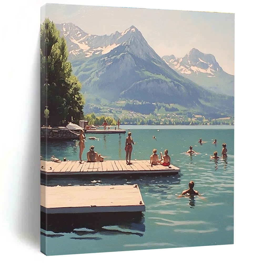 A large abstract painting depicting swimmers at Lake Annecy with majestic mountains creating a tranquil backdrop.STSC878