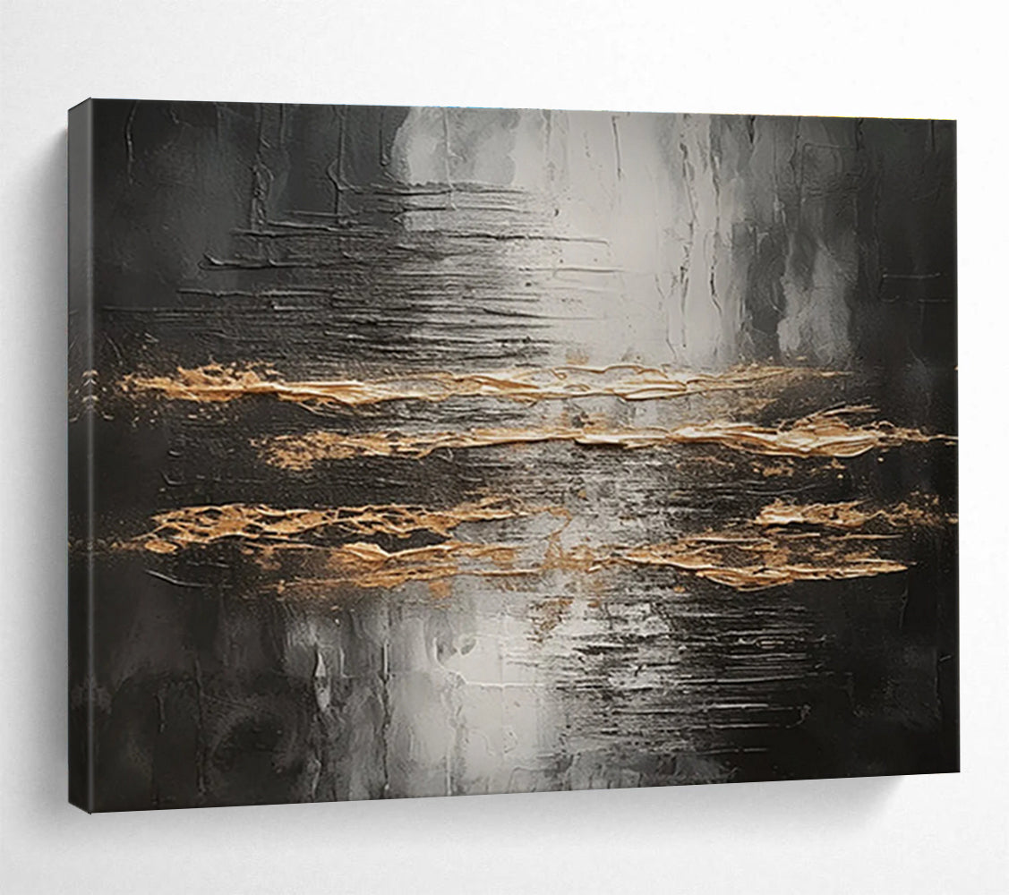 Black and Gold Abstract Painting with Textured Patterns THY318