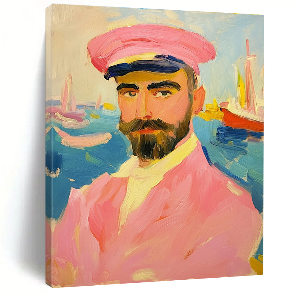 Abstract painting of an artistic man in a pink sailor suit with a mustache and beard against a vibrant sea backdrop featuring boats.STSC1161