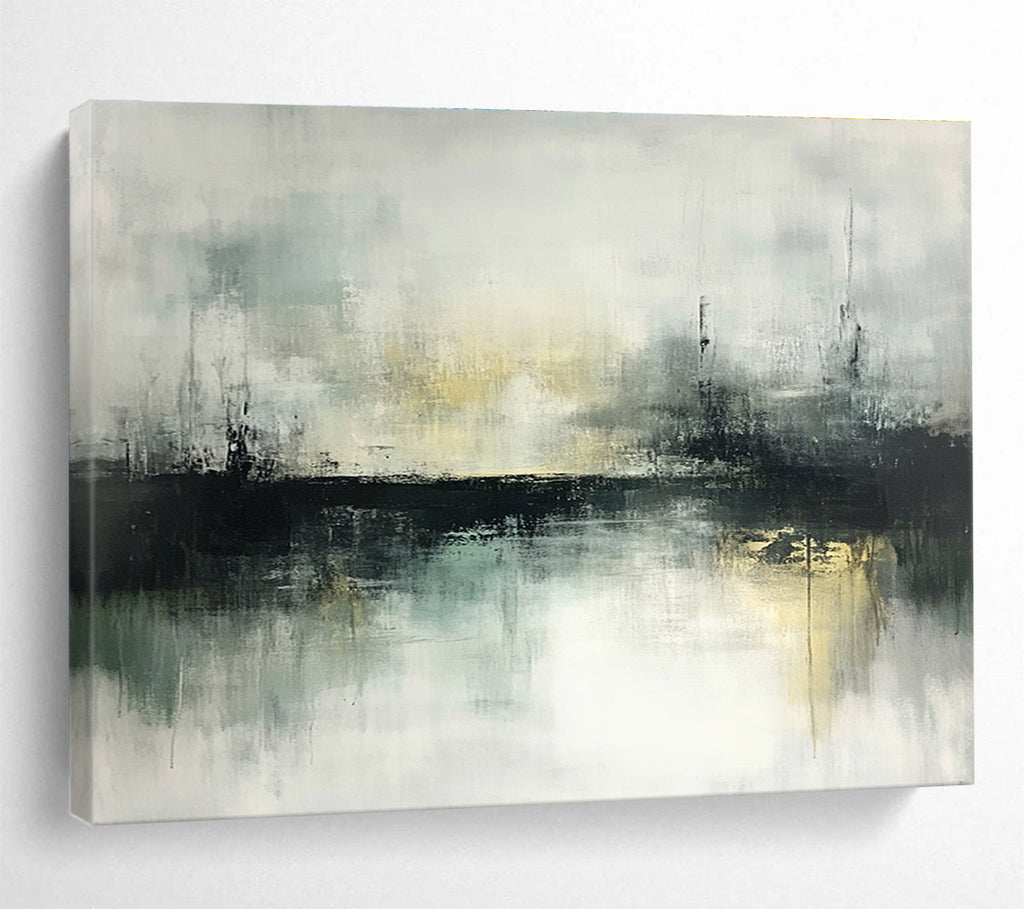 Large abstract painting of misty landscapes featuring muted greens and grays with soft edges and an atmospheric quality ideal for modern art lovers.SC196