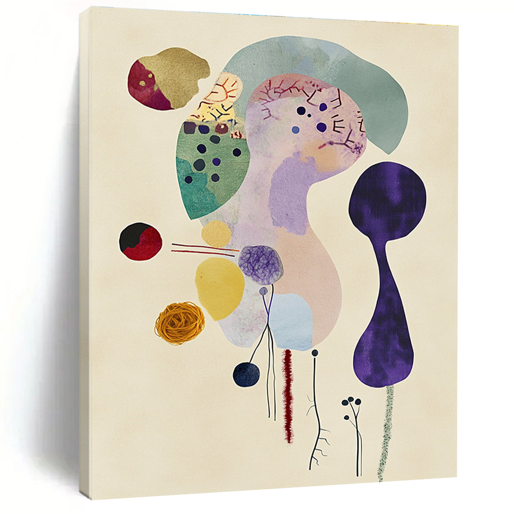 Large abstract fabric figure surrounded by soft pastels doodles wool yarns and watercolor washes on textured paper minimalist style in Matisse inspiration.STSC1351