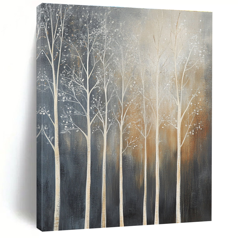 Large abstract painting of trees with white branches set against a dark gray background featuring muted tones and low contrast.STSC354