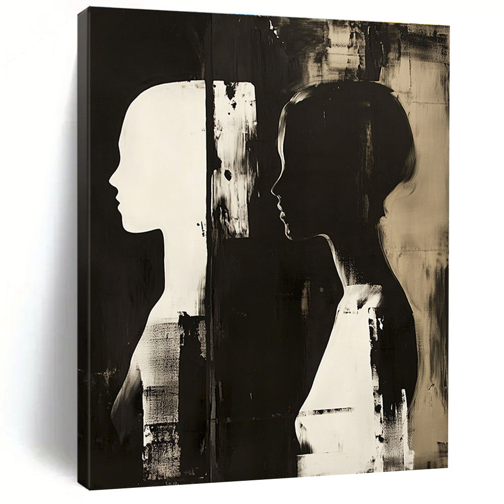 Large abstract painting featuring two profile figures in contrasting tones against a dark monochrome background.STSC1448