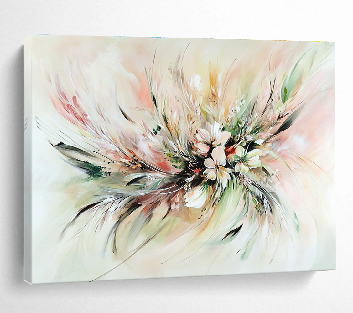 A large abstract painting featuring soft pastel floral arrangements with feathers and leaves, showcasing swirling patterns and expressive brushstrokes for depth and emotion.SC555