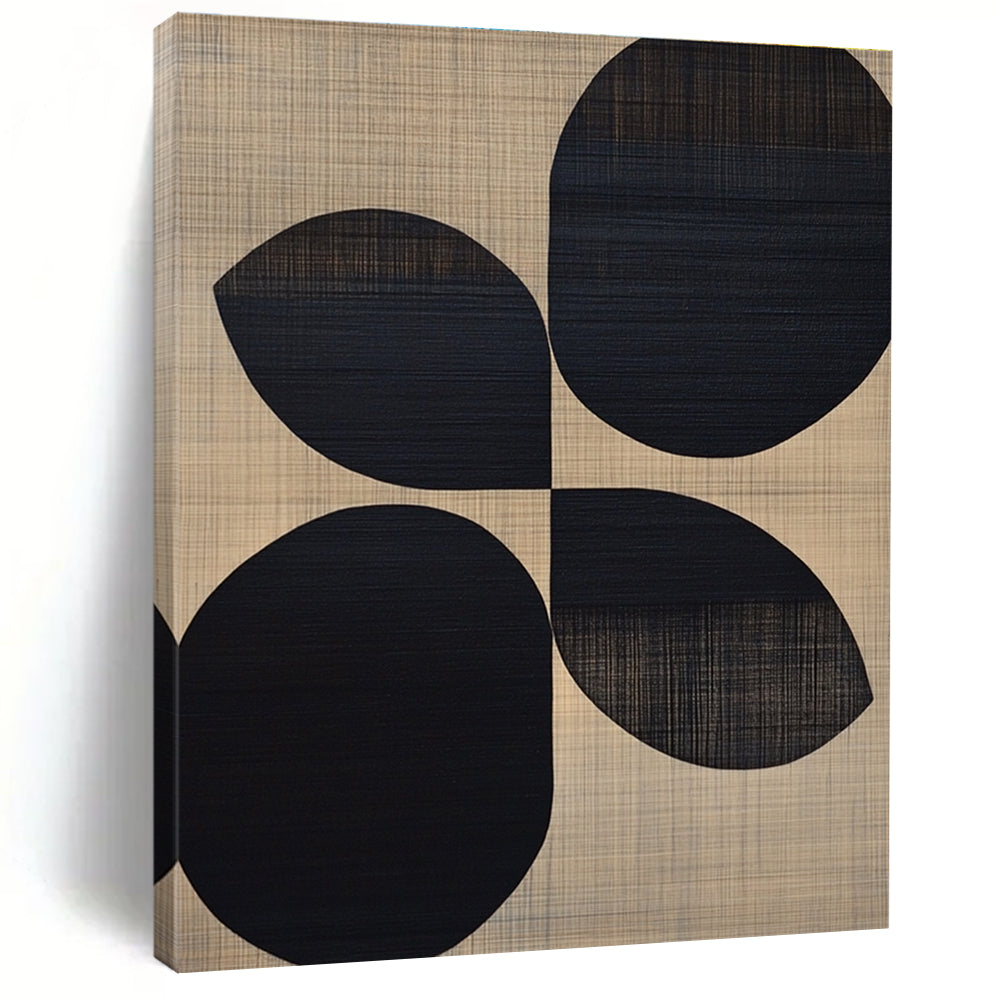 Large abstract painting featuring black oval shapes on a beige wood grain background reflecting midcentury modern organic design.STSC312