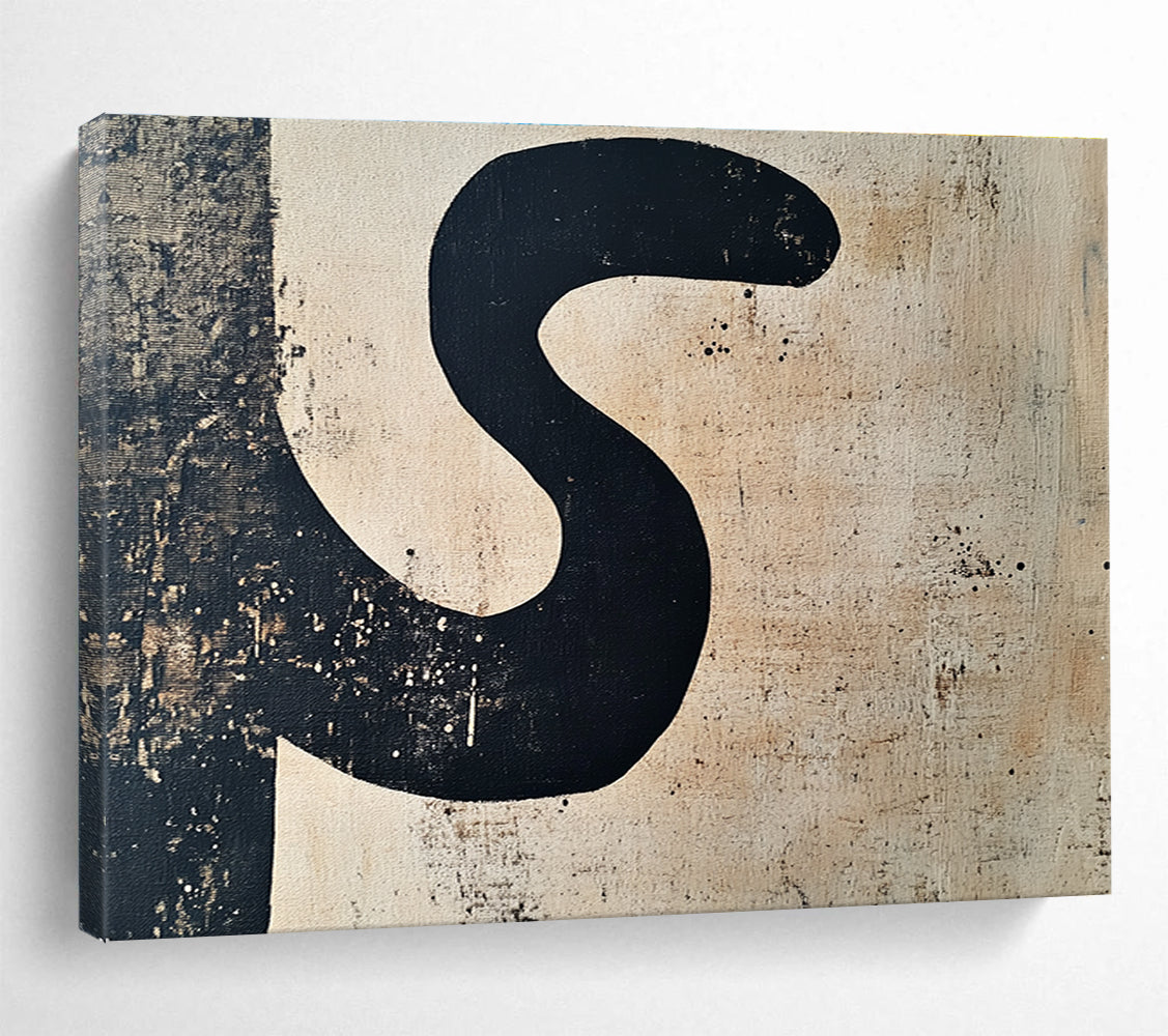 A large abstract painting featuring the letter S in black and beige, perfect for modern decor and minimalist aesthetics.SC501