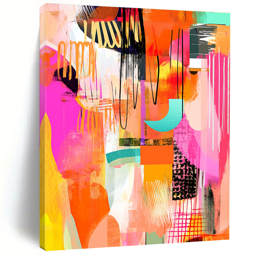 Large abstract art featuring pink orange yellow and white shapes with whimsical patterns bold lines and hand-drawn textures in a vibrant warm color palette.STSC046