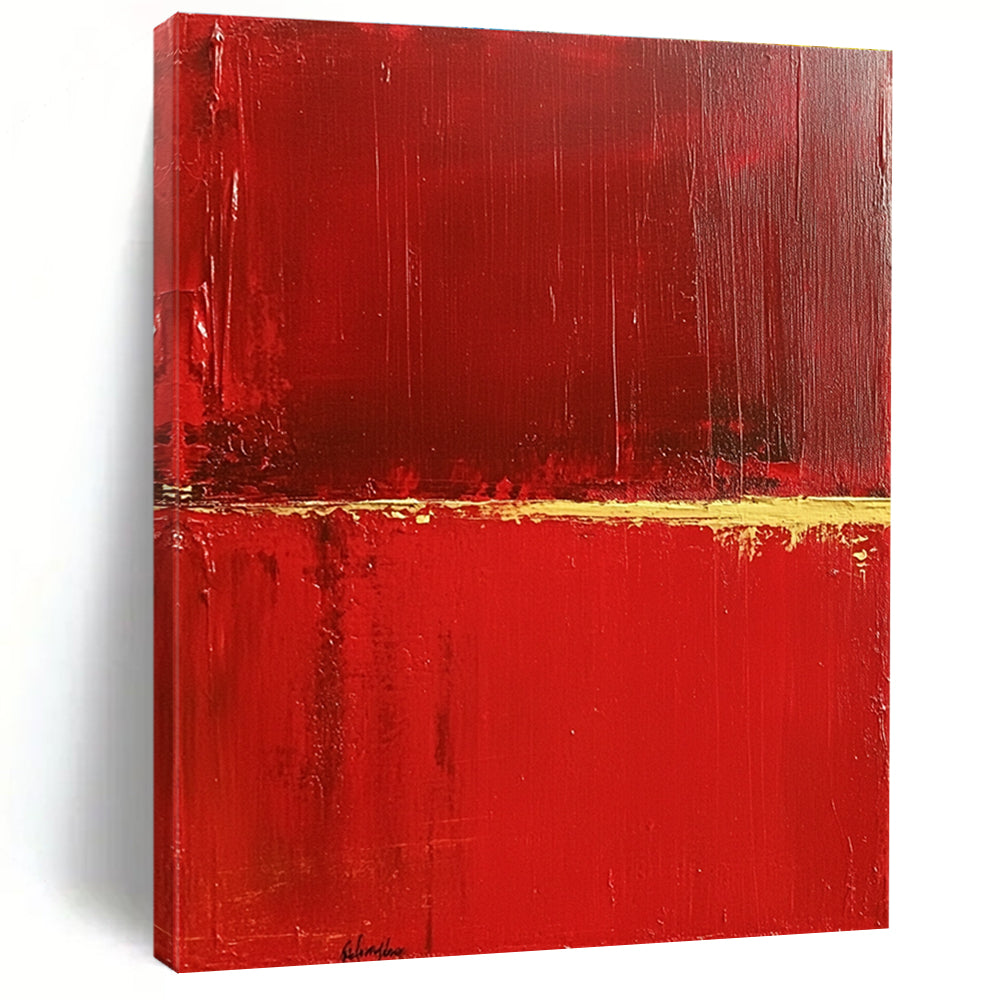 Large abstract painting featuring a red background with a central yellow line evoking lightness and depth in a minimalist style.STSC459