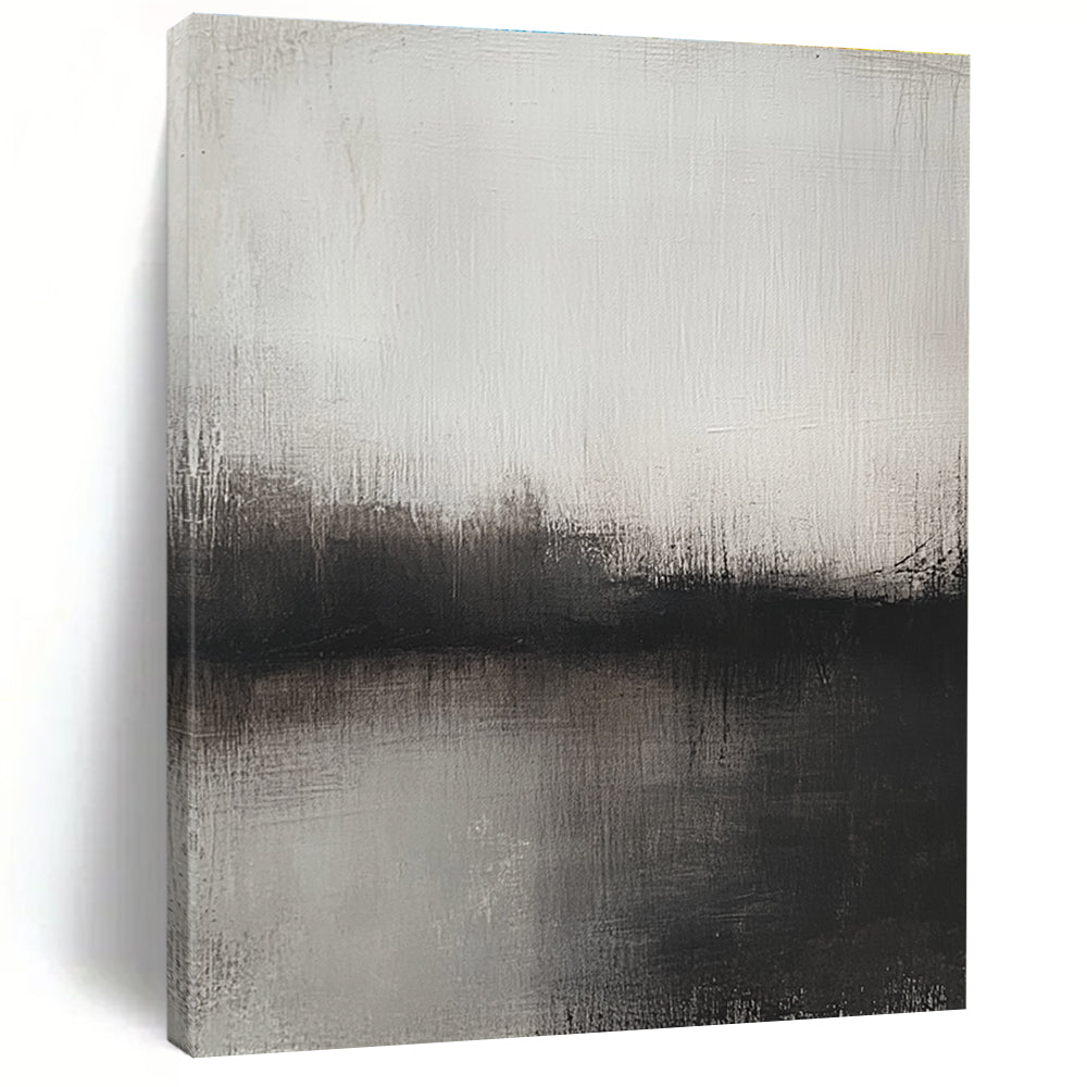 Big abstract painting featuring soft gray and brown tones depicting a blurred landscape at dusk evoking tranquility and serenity.STSC127