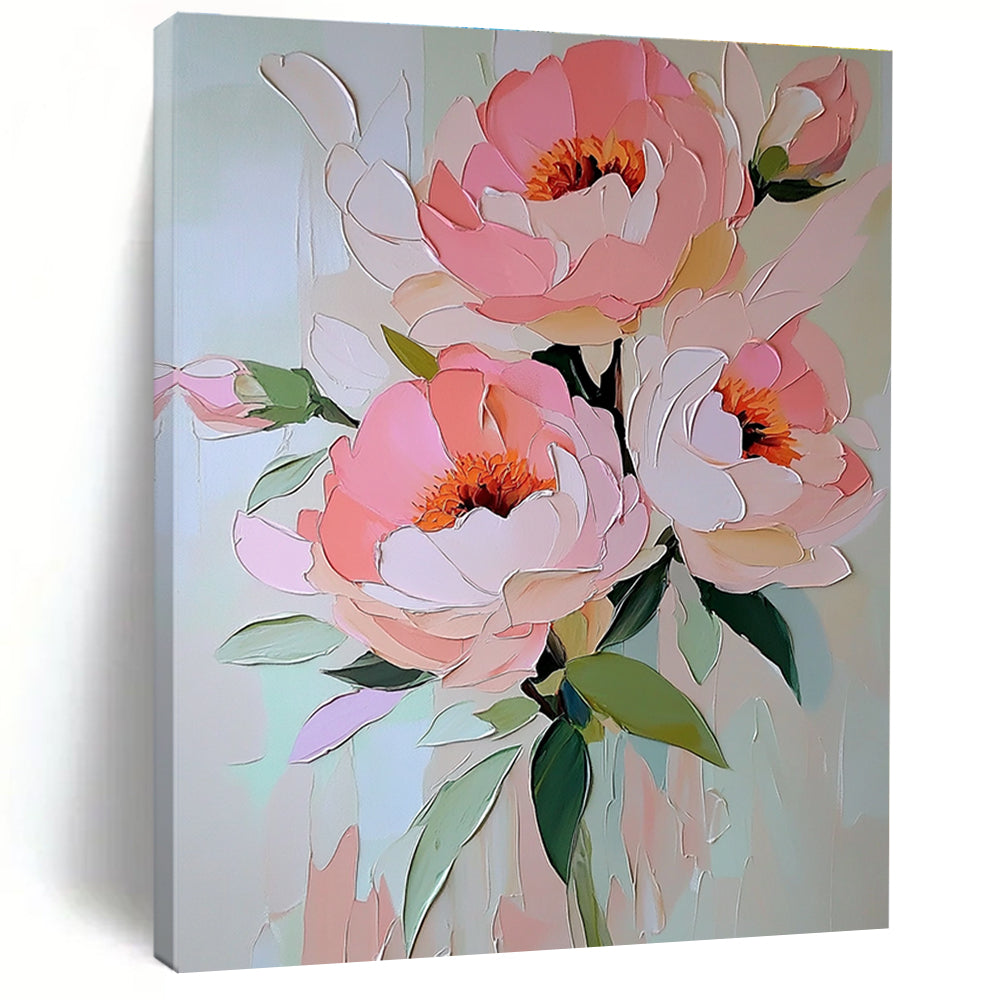 Abstract painting featuring soft pink peonies with pastel colors in an elegant oil on canvas style for a serene floral decor.STSC1413