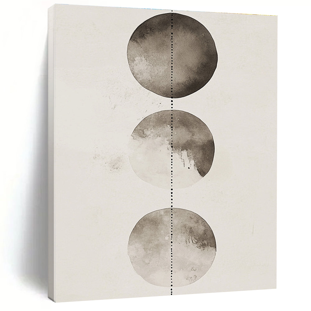 Large abstract watercolor and ink wash illustration featuring three shaded gray and white circles with dotted lines on a clean background.STSC1458