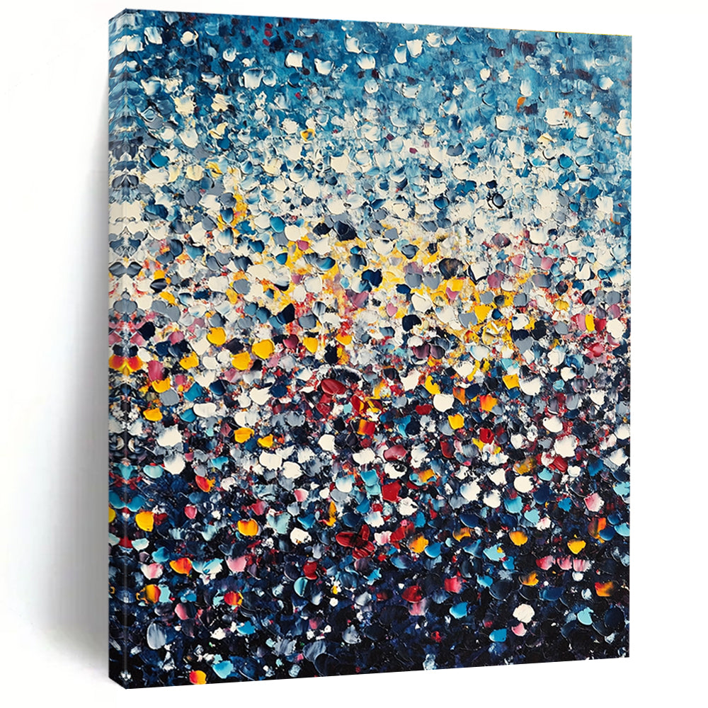 Large abstract painting featuring thousands of tiny flowers in blue yellow and red against a dark gradient background in Whistler's impressionistic style.STSC1140