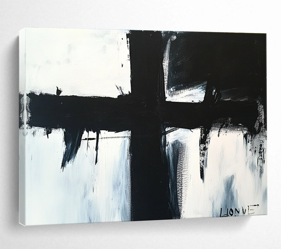 Black and White Cross Abstract Painting with Dripping and Bold Lines DYP179