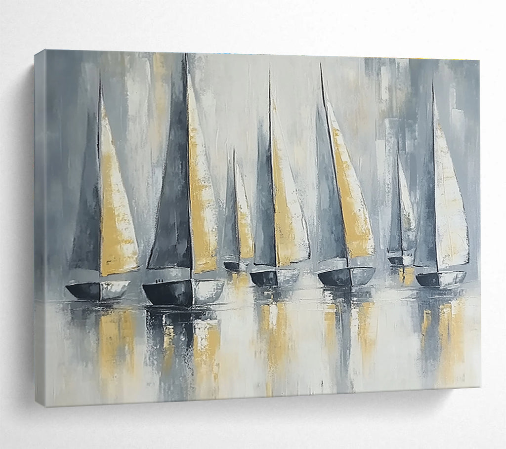Large abstract painting featuring sailing boats with gray and gold sails on calm waters under soft lighting and a neutral background.SC610