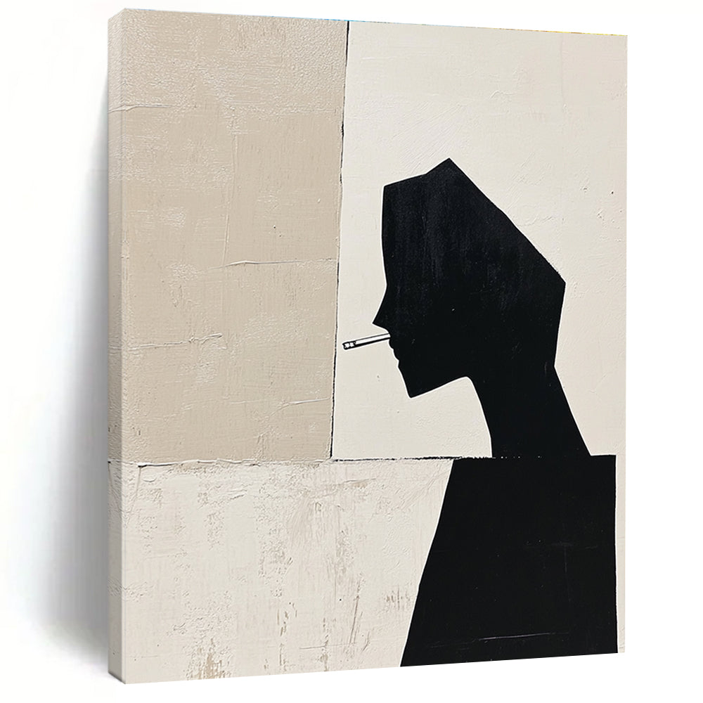 Large abstract painting featuring a black silhouette of a woman's body in profile with geometric shapes and minimalistic deconstructed tailoring in a monochromatic palette.STSC1486
