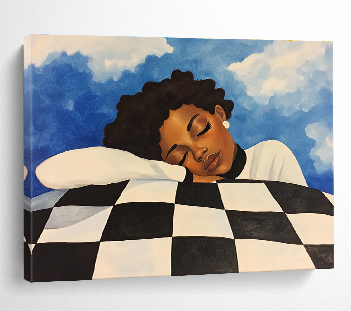 Dreamy Sleep Portrait Abstract Painting with Blue and Black White Tones DYP561