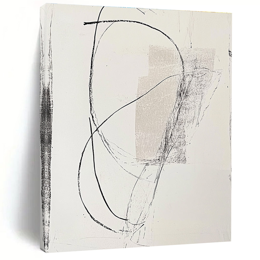 Large abstract drawing on paper featuring a side figure intertwined with curved lines against a light gray background.STSC1256