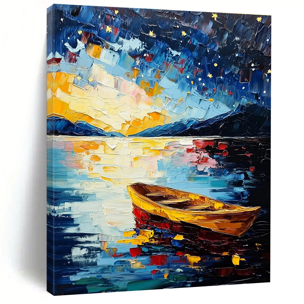 Large abstract painting of Lake Tahoe featuring a starry night sky colorful impasto brush strokes and a serene boat on the water.STSC877