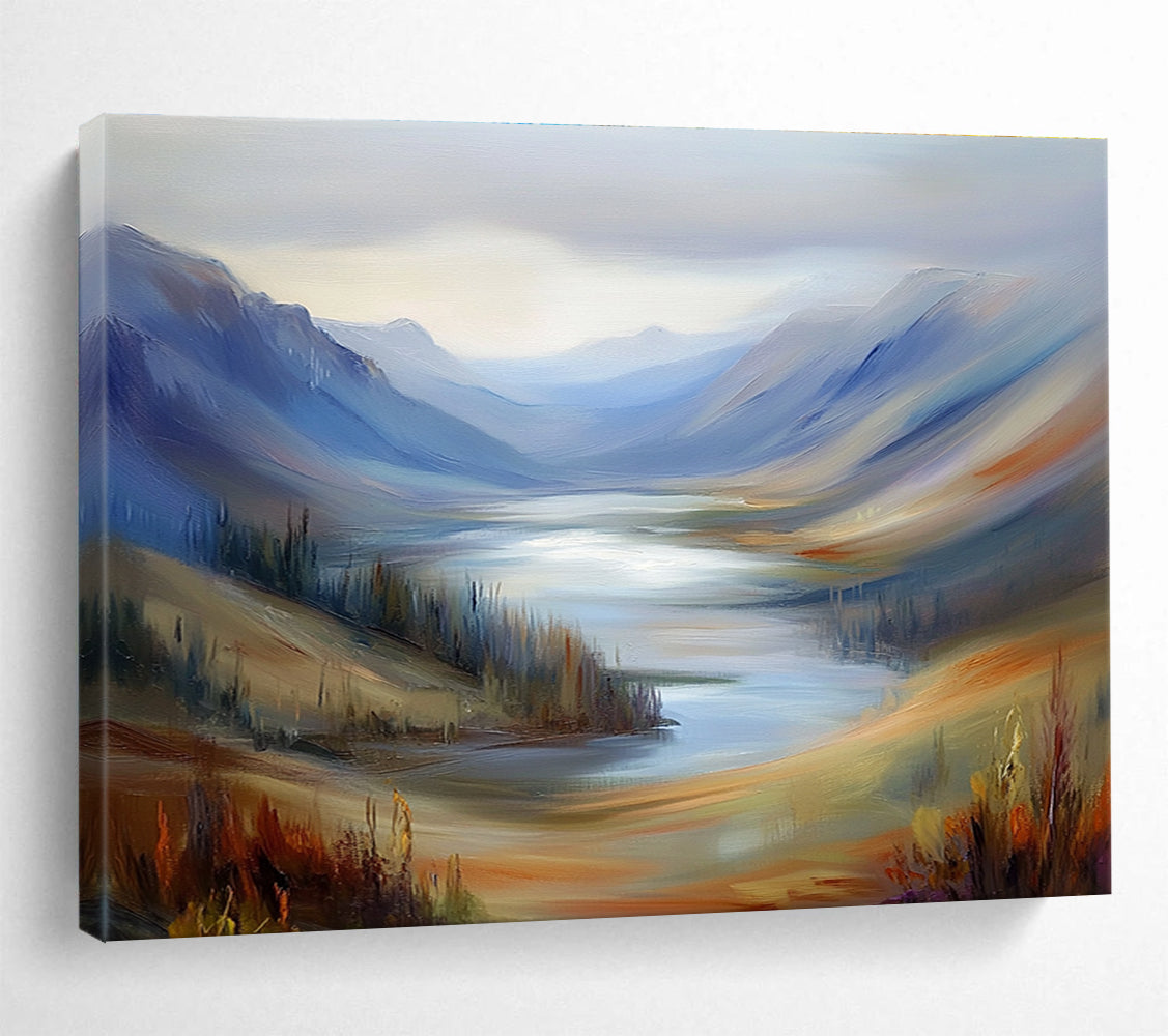 Mountain Lake Abstract Painting with Blue and Brown Tones DYP560