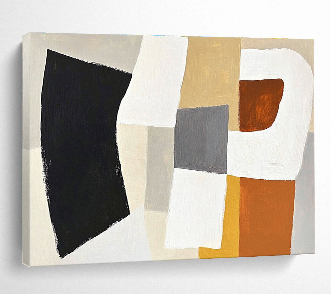 Large abstract painting in white and grey with orange accents featuring soft black shape and beige square in balanced composition.SC513