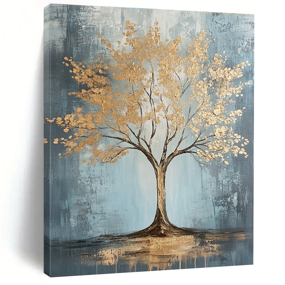 Large abstract painting with gold leaf accents on grey and light blue textured canvas featuring dynamic brush strokes and warm lighting, embodying sophisticated bohemian style.STSC493