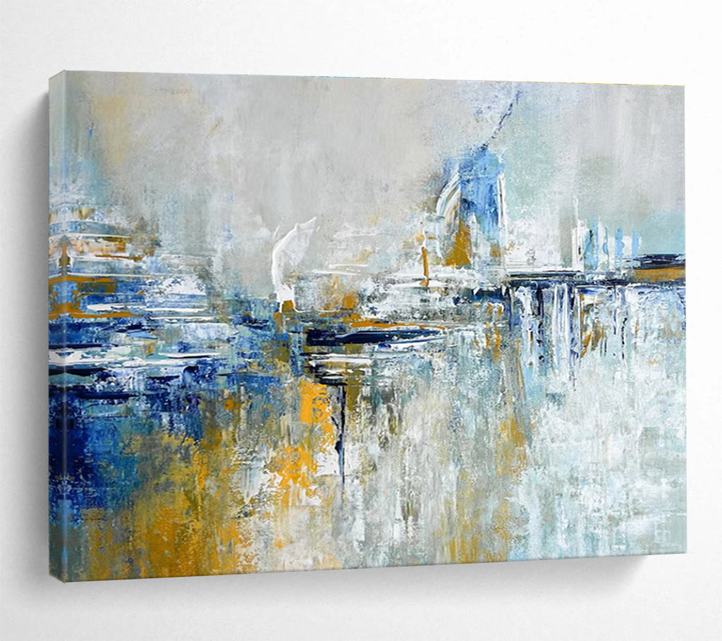Cityscape Abstract Painting with Blue, Gray, and Gold THY347