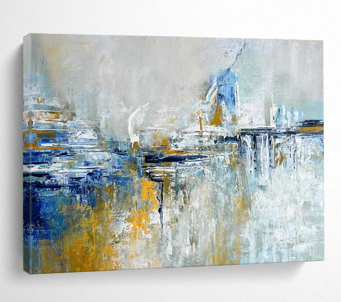 Cityscape Abstract Painting with Blue, Gray, and Gold THY347