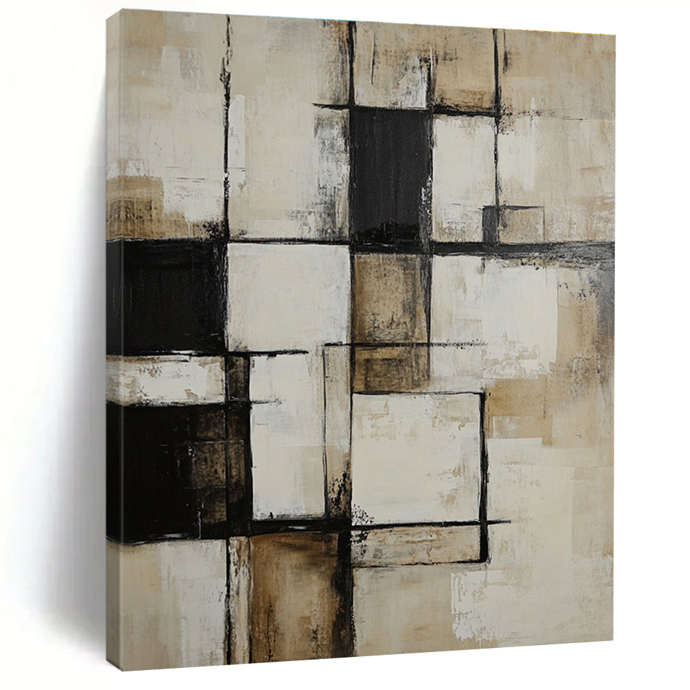 Large abstract painting of textured white and beige squares featuring black accents in a deconstructed minimalist style inspired by Peter Coller.STSC716