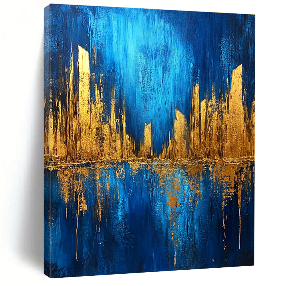 Large abstract painting featuring a metallic gold and blue cityscape on a dark textured background with bold brush strokes.STSC578