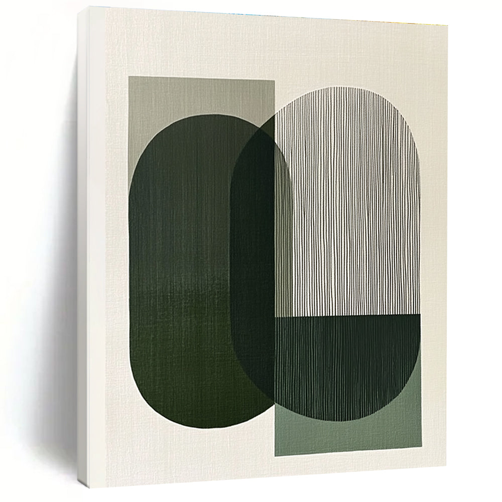 A large abstract painting features overlapping green and gray shapes evoking calmness and balance through minimalist design and clean lines.STSC1178