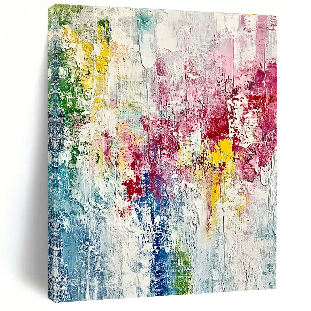 Large abstract painting on textured canvas with vibrant spring colors and thick brush strokes creating an impressionistic feel of growth and vitality.STSC721