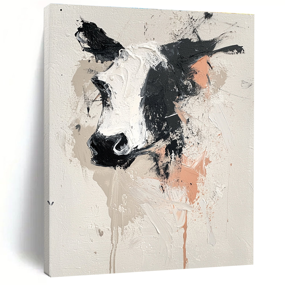 Large abstract painting featuring an animal design on white background with gray black pink and beige hues and expressive thick brush strokes.STSC048