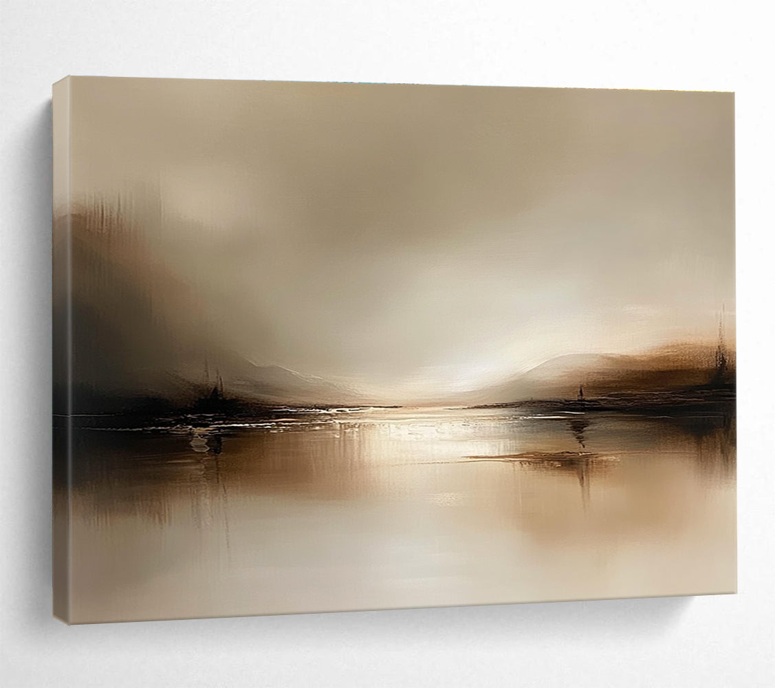 Abstract landscape painting in muted browns and beiges, featuring a tranquil water scene with soft reflections, creating a minimalist and serene atmosphere.SC071