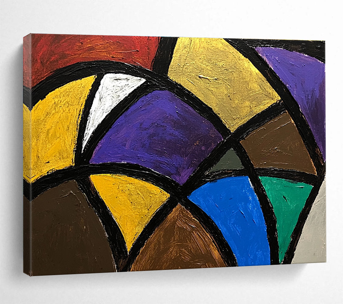A large abstract painting featuring bold colorful lines and shapes with dark gray and beige tones, creating a sense of depth and complexity.SC440