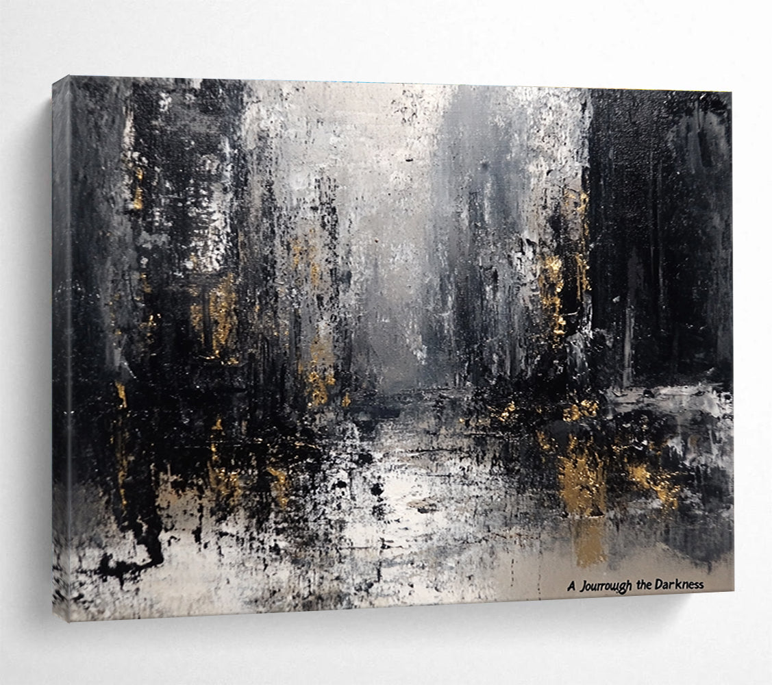 A large abstract painting featuring a grey and black palette with industrial buildings blurred under a gloomy sky and raindrops evoking desolation.SC286