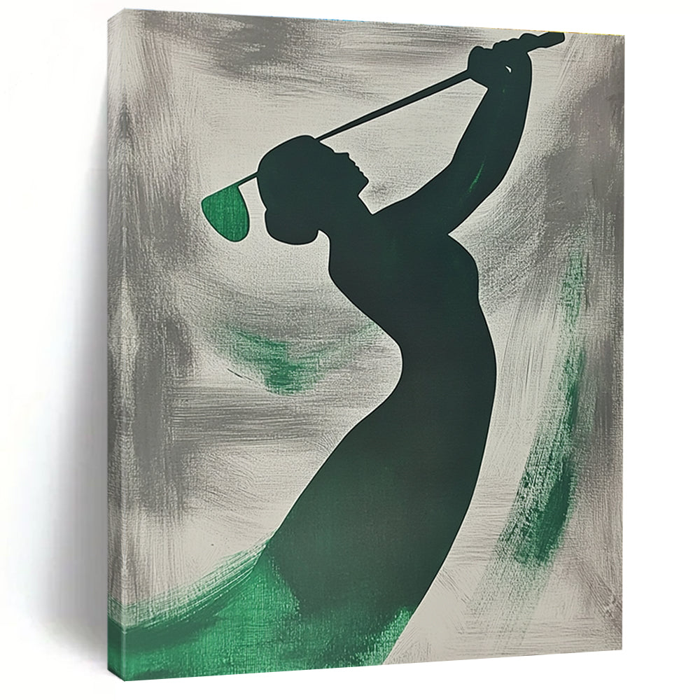 A large abstract painting featuring a silhouette of a woman playing golf with emerald green brushstrokes on a grey background.STSC1065