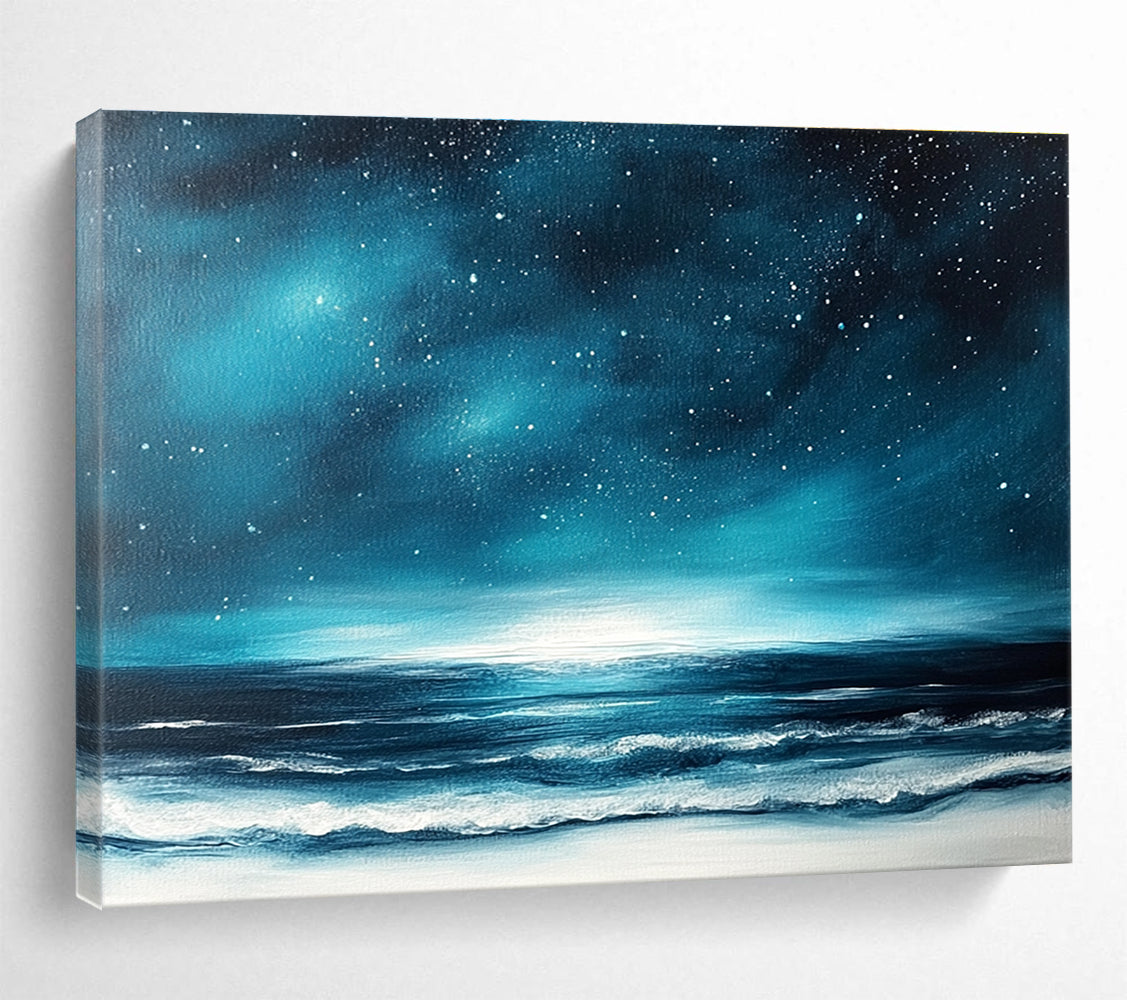 A large abstract painting featuring a dark blue sky with stars and ocean waves, accented with white and light teal hues.SC396