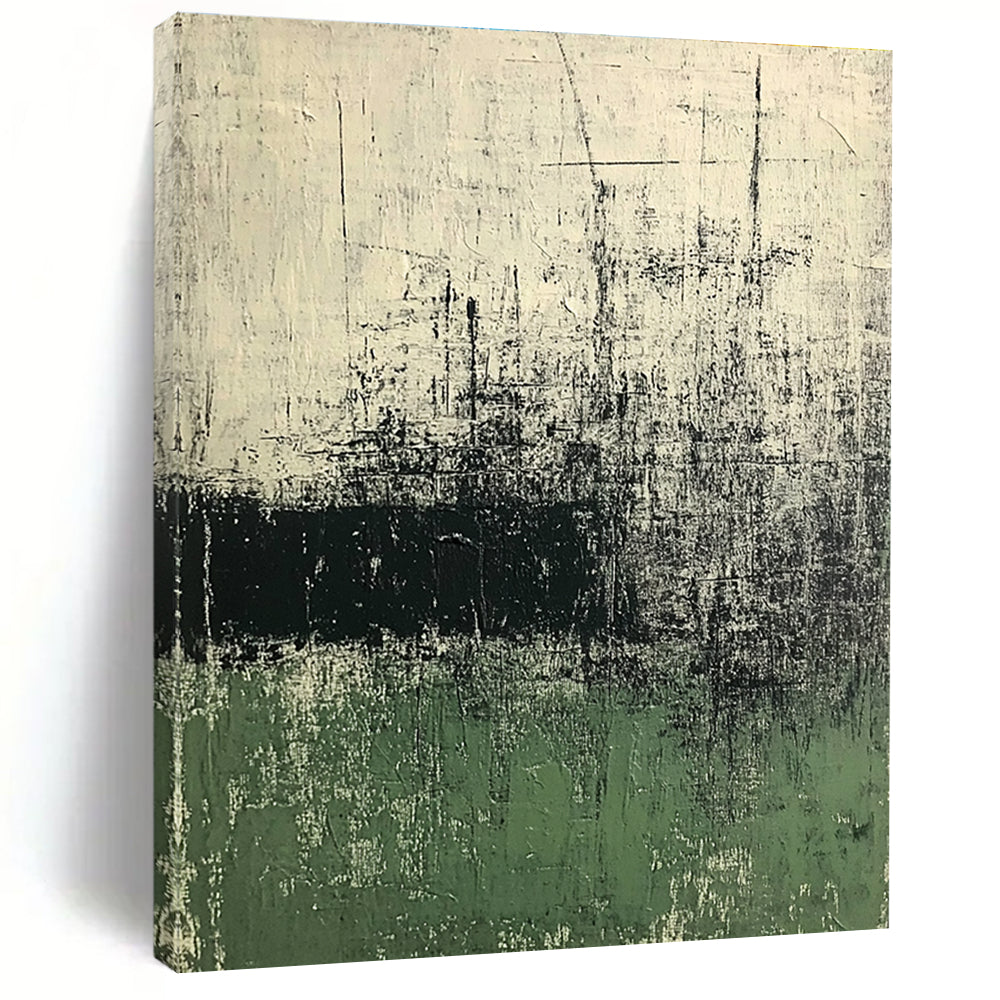 Large abstract painting in green and white tones with dark gray texture on old paper background evokes calmness and mystery through eroded and cracked surfaces.STSC423