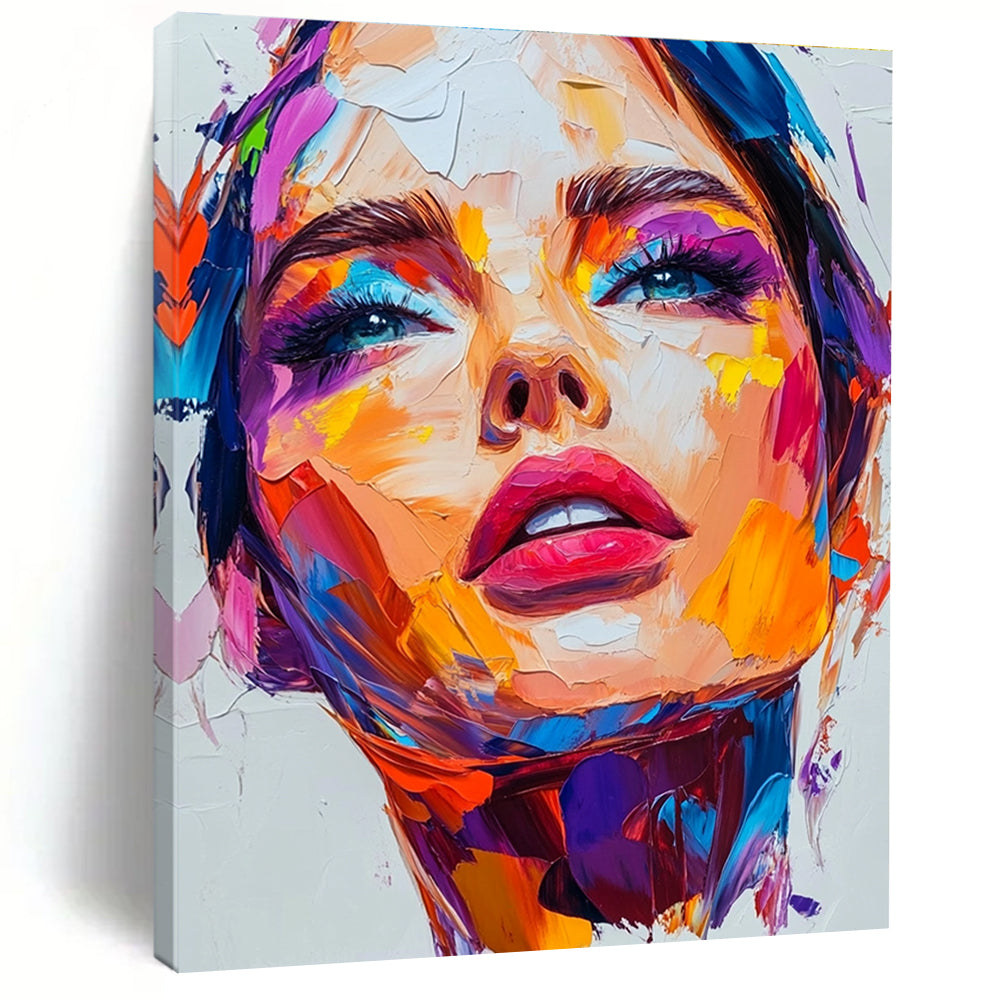 An abstract painting featuring a close-up portrait of an attractive woman with vibrant colors and thick brush strokes on a white background.STSC1162