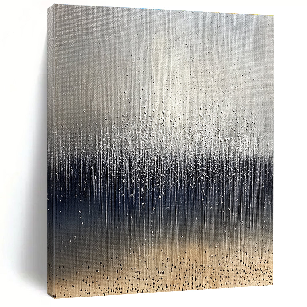 Large abstract painting depicting raindrops on brown soil with a cool gray background and splashing water droplets in dark blue and white tones.STSC1399