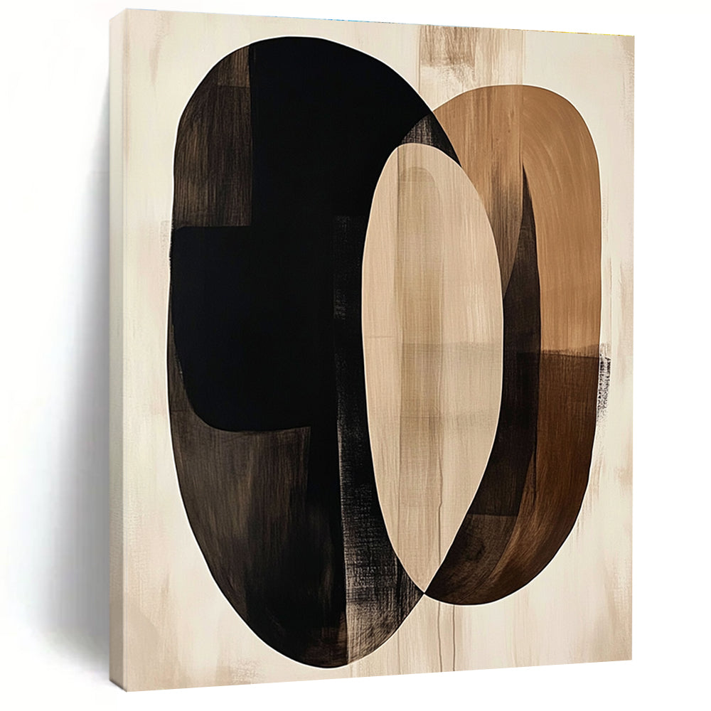 Large abstract artwork featuring fluid beige and black shapes with dark brown ovals on a cream background evokes tranquility through minimalist design.STSC470